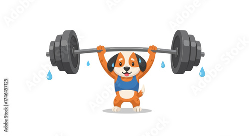 Cartoon dog lifting weights overhead in a gym setting emphasizing strength and determination cute