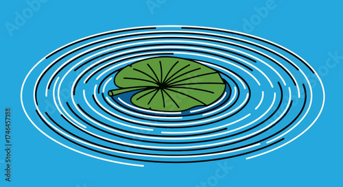 A green lily pad floats in water, creating concentric ripples.