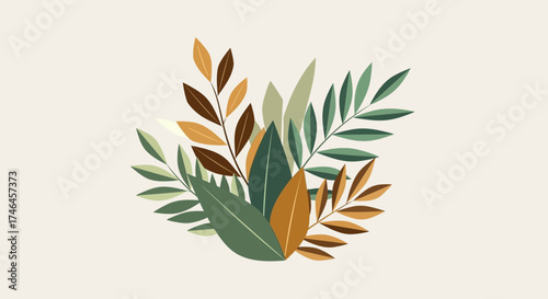 Illustration of various leaves in shades of green, brown, and beige arranged in a cluster against a light background.