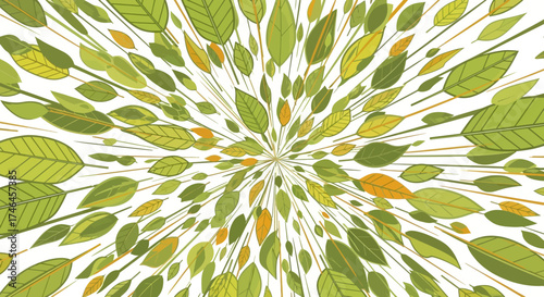 A stylized illustration of numerous green leaves radiating outwards from a central point.