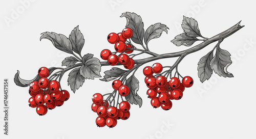 Illustration of a branch with bright red berries and gray leaves against a white background.