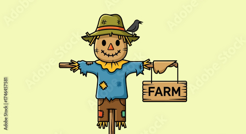 Cartoon scarecrow with a crow perched on its hat, holding a "FARM" sign, set against a light yellow background.