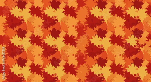 A vibrant repeating pattern featuring stylized autumn leaves in warm, rich tones.