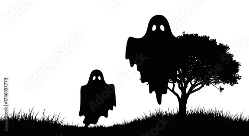 Two spooky ghosts, one large and one small, silhouetted against a white background with a tree and grass.