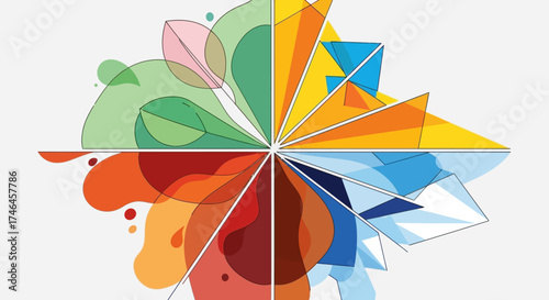 Abstract radial design featuring colorful geometric and organic shapes, divided into four distinct sections.