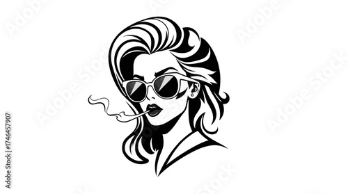 Stylish woman with sunglasses smoking a cigarette, depicted in a black and white vector illustration.