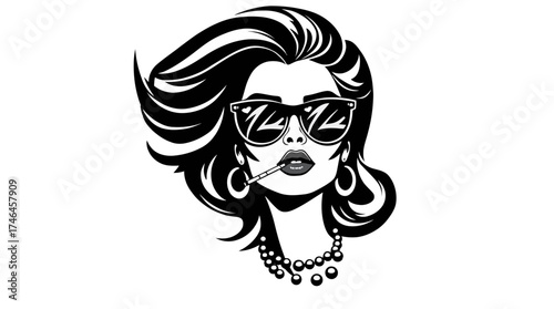 A stylish black and white illustration of a woman wearing sunglasses smoking a cigarette.