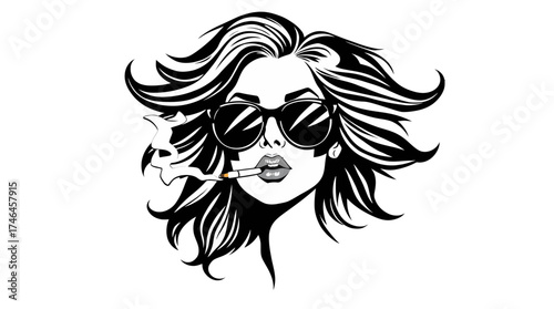 Illustration of a woman's face with sunglasses, smoking a cigarette, and with flowing hair.