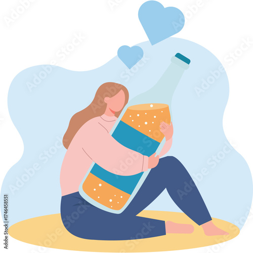 Woman Hugging Bottle with Love Symbol Illustration