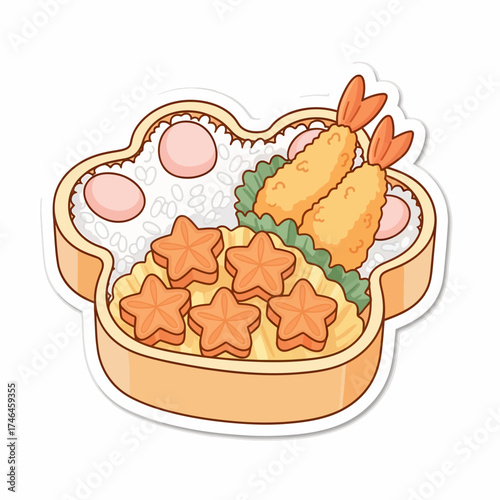 Cute Paw Print Bento Box Illustration with Tempura Shrimp Star shaped Snacks and Rice Kawaii Japanese Lunch Design