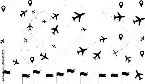 Airplane icons, travel symbols, flying route map, airport flight path, location markers, tourism vector design, aviation pattern illustration