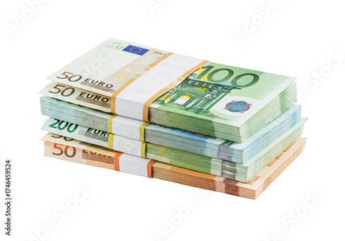 Isolated Stacks of Euro Banknotes, Bundles of Cash, European Currency, Wealth and Finance