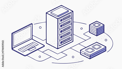 An isometric 3D graphic of a modern server representing online business and technology via a network concept