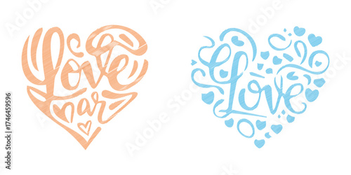 Vector art of two heart shapes with the word love in calligraphy