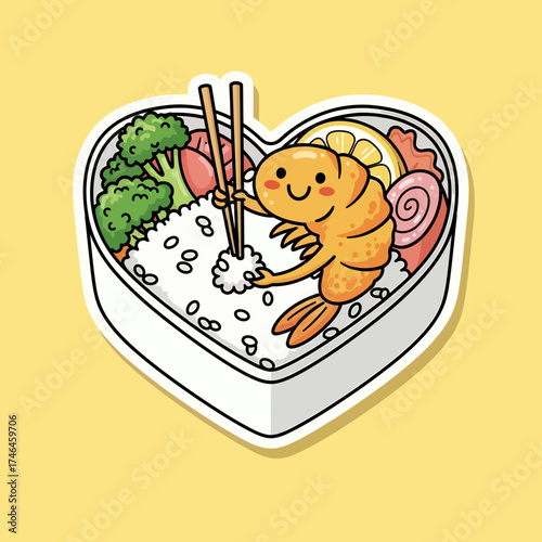 Charming Kawaii Heart Bento Box Sticker with Happy Shrimp Character Eating Japanese Lunch
