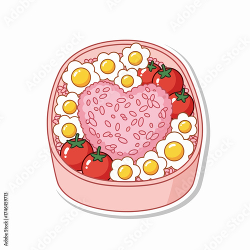 Cute Kawaii Bento Box Illustration with Pink Heart Rice Mini Tomatoes and Flower Shaped Eggs Adorable Japanese Lunch Meal Graphic