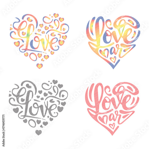 Vector art of set of four hearts with the word love written in calligraphy