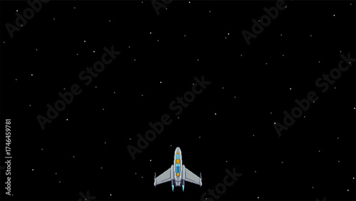 Pixel art spaceship in starry space background, retro arcade style