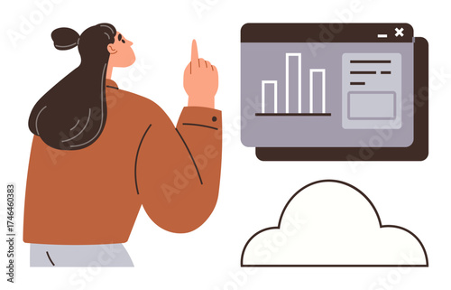 Woman points at a digital bar chart on a web interface near a cloud icon. Ideal for data analysis, cloud computing, digital strategy, online education, business solutions, presentations, simple flat