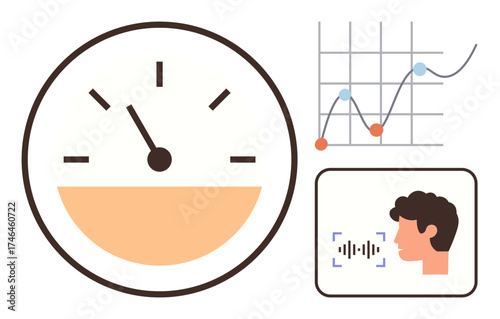 Speedometer gauge, data graph with trend lines and points, user interface with facial profile and voice waveform. Ideal for technology, performance, analytics, AI, innovation, research