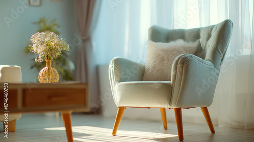 Cozy beige armchair with wooden legs and a round table featuring dried flowers, creating a warm and inviting atmosphere in a modern minimalist interior.