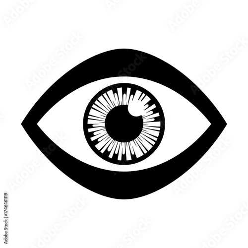 A stylized black and white vector illustration of an eye with a detailed iris and a simple eyelid shape