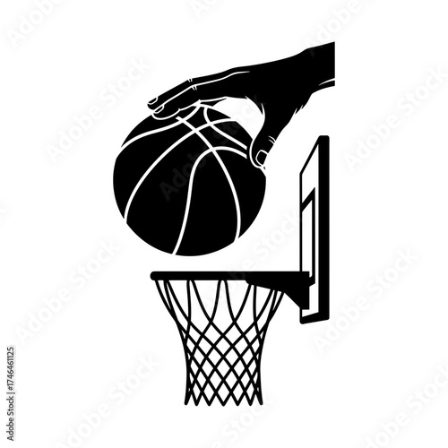 Hand holding basketball over hoop ready to score in black and white minimalist sports illustration