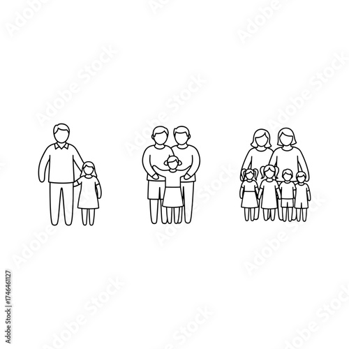 Illustration of diverse family structures including single parent same sex parents and multiple children groups