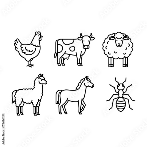 Collection of farm animals and an insect in outline style including chicken cow sheep llama horse and ant
