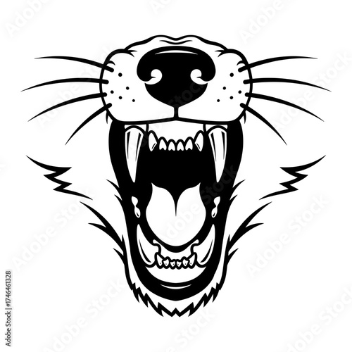 A fierce animal snout with sharp teeth and whiskers in black and white detailed vector illustration
