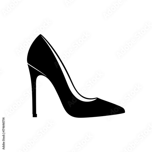 Illustration of a black high heel shoe with a pointed toe and stiletto heel on a white background