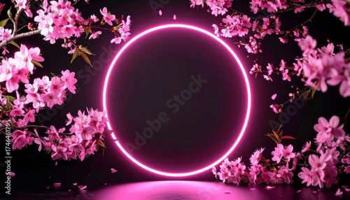 Dramatic pink cherry blossoms frame a vibrant neon circle against a sleek black backdrop