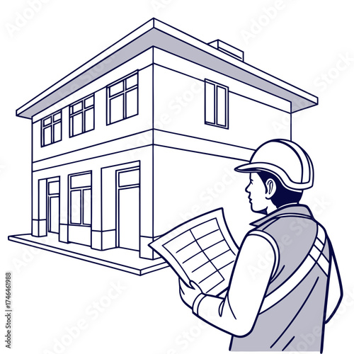 Construction worker reviewing building plans