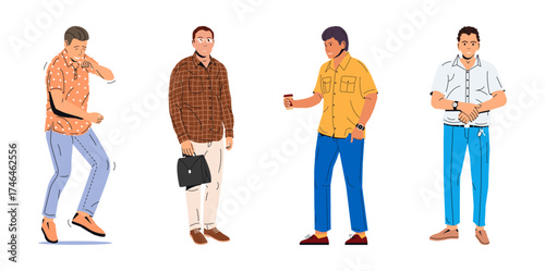 Set of four diverse men standing in various poses, each depicting casual and business attire. Modern illustration of male character collection for website design.