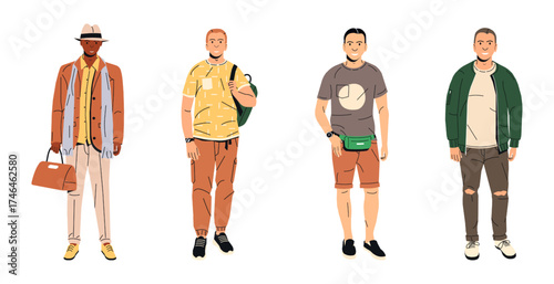 Group of four diverse young men standing, dressed in casual clothing. Fashionable male characters showing different modern styles.