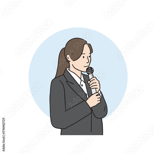 Illustration of a female office worker giving a speech while holding a microphone