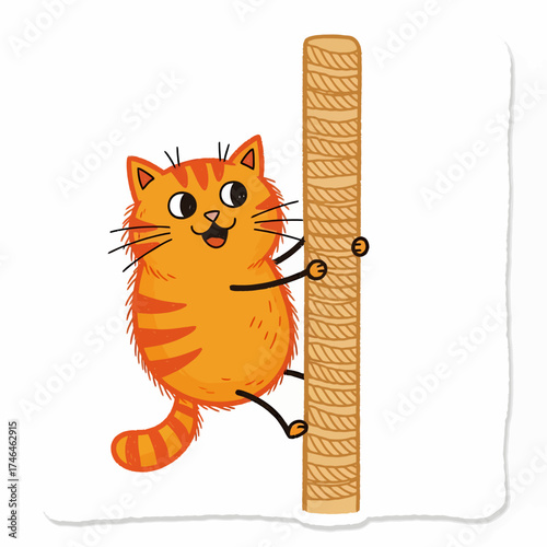 Cute Orange Tabby Cat Climbing a Scratching Post Vector Illustration