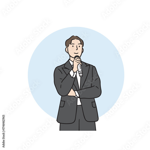 Illustration of a male office worker holding a microphone and giving an explanation