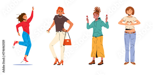 Four diverse women expressing positive emotions and style. Happy young adult ladies. Friendship and female community concept.
