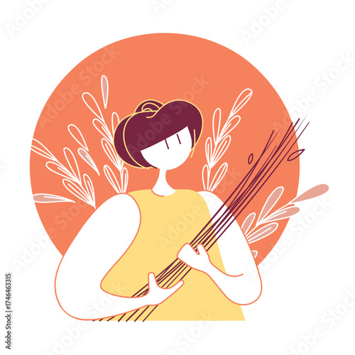 illustration d'une vannière qui cueille des branches, vecteur, couleurs modifiables, dessin de presse, rapport d'activité, agriculture, sérigraphie, risographie, infographie, style de vie, métier