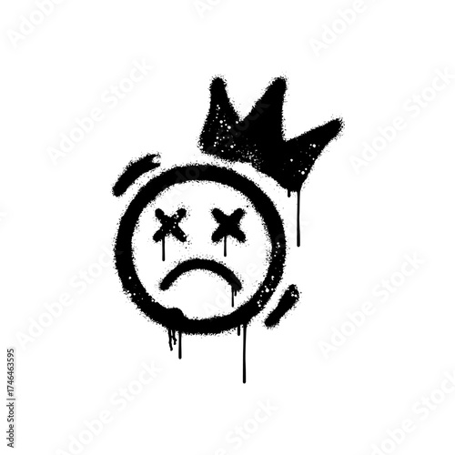Grunge graffiti stencil sad face with crown and dripping spray paint