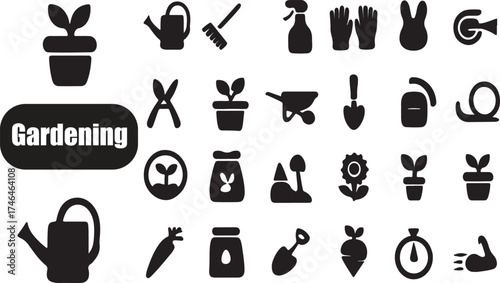 Collection of black silhouette icons representing gardening tools and plants