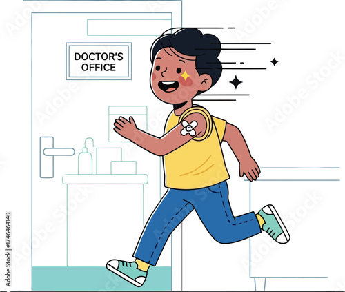 Vector art of excited boy running away from doctors office