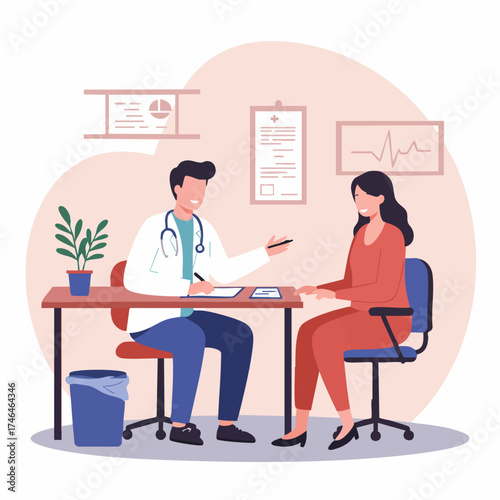 Healthcare professional providing medical advice and attentive care during a patient consultation in a modern clinic setting, ensuring patient well-being and clear communication