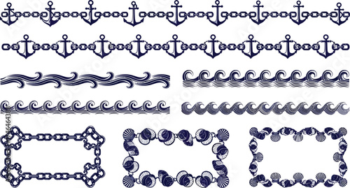 Nautical themed vector borders and frames featuring anchors waves and chains perfect for marine-related designs and decorations