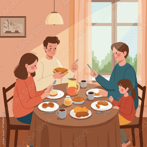 Happy Family Enjoying a Delicious Breakfast Together at Home, Sharing a Warm and Cozy Morning Meal Around the Dining Table, Creating Cherished Memories