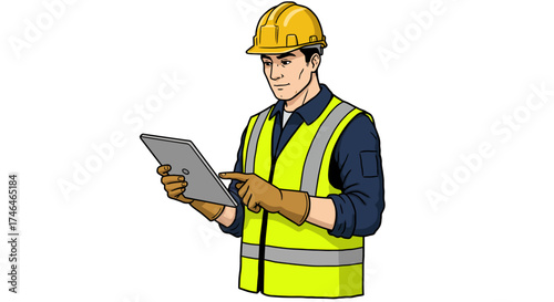 Illustrated construction worker in a hard hat and safety vest using a digital tablet for on-site project management