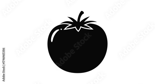 Simple black silhouette of a ripe tomato with stem and leaves isolated on for healthy eating concepts silhouette