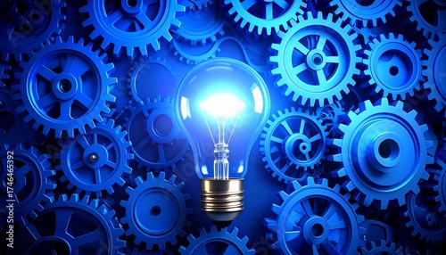 Stunning lightbulb illuminates dynamic blue gears, sparking brilliant innovation and solutions