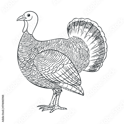 Detailed sketch of a wild turkey showcasing feathers and features. Vector illustration